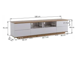 Móvel para TV com 5 portas, com acabamento em madeira, branco e natural.