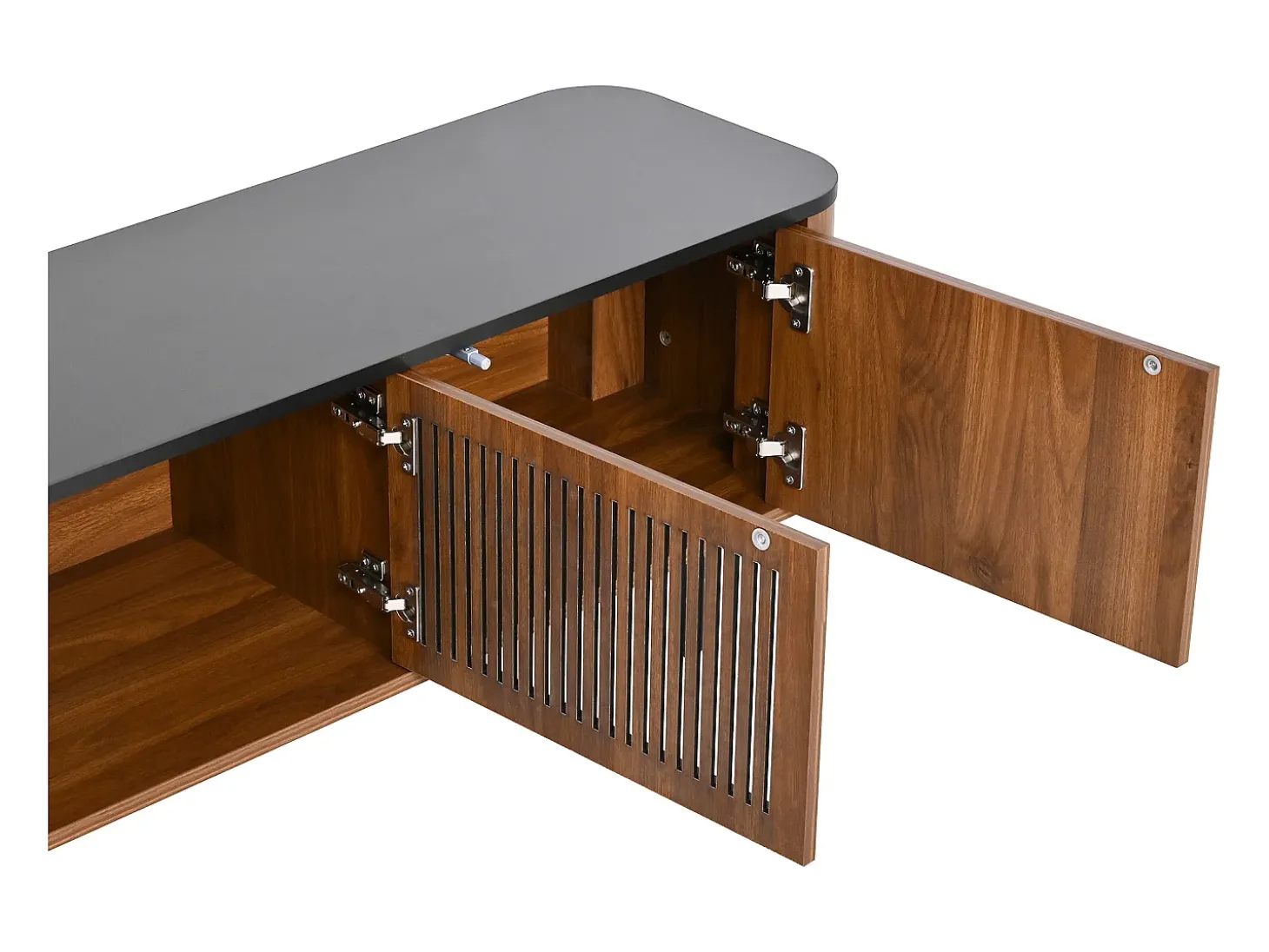 Móvel para TV com 4 portas, 190 x 35 x 45 cm - Tampo preto - Cor madeira escura