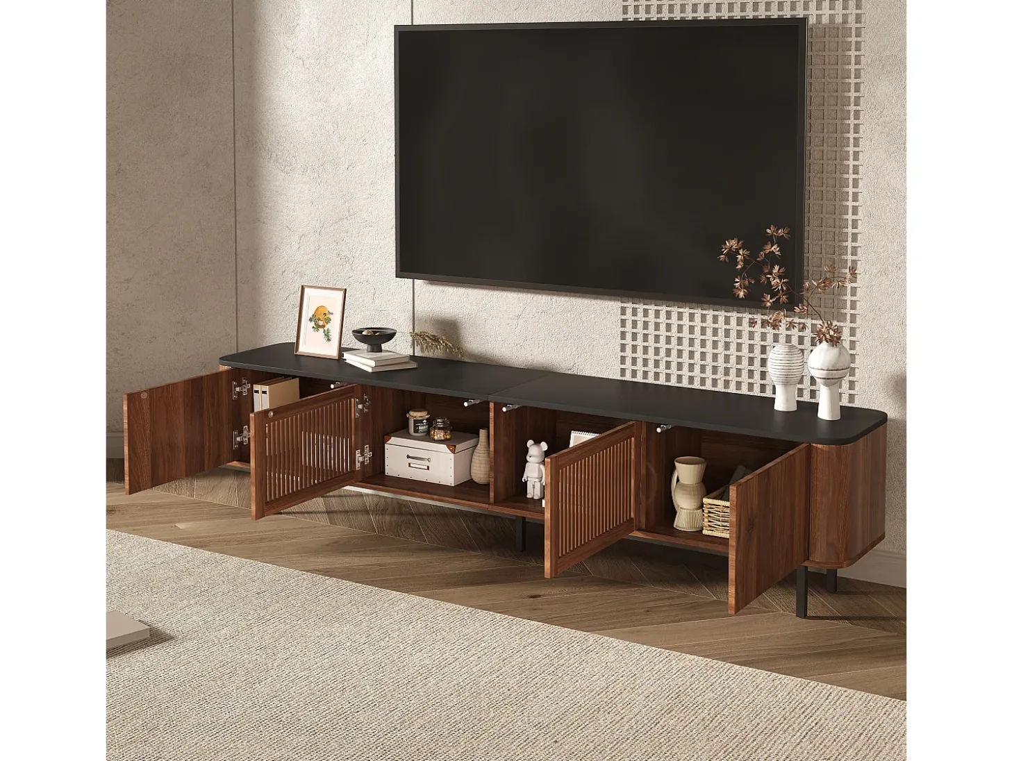 Móvel para TV com 4 portas, 190 x 35 x 45 cm - Tampo preto - Cor madeira escura