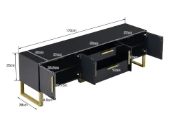 Móvel para TV com acabamento em lacado preto brilhante, 170x40x535,5cm - 4 portas e 2 gavetas - pés dourados