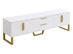 Móvel para TV com acabamento lacado brilhante, 4 gavetas e 2 portas - Porta texturada - Branco e dourado