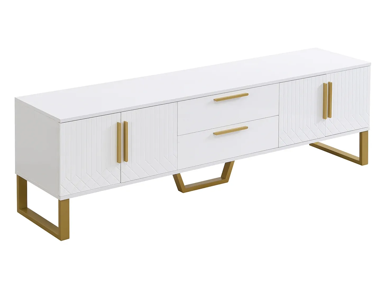 Móvel para TV com acabamento lacado brilhante, 4 gavetas e 2 portas - Porta texturada - Branco e dourado