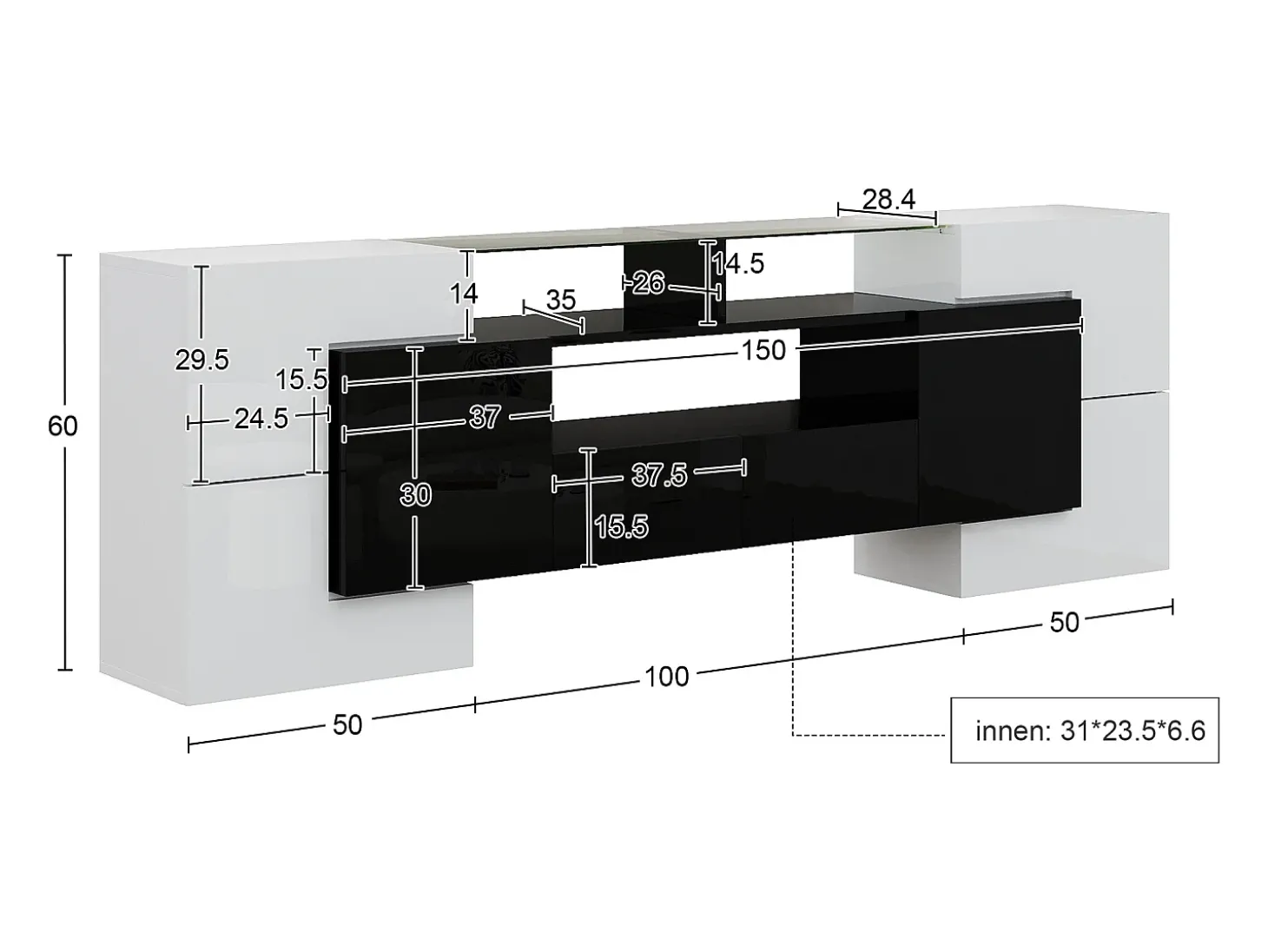 Móvel para TV com iluminação LED, 6 portas e 2 gavetas - Acabamento lacado a branco e preto
