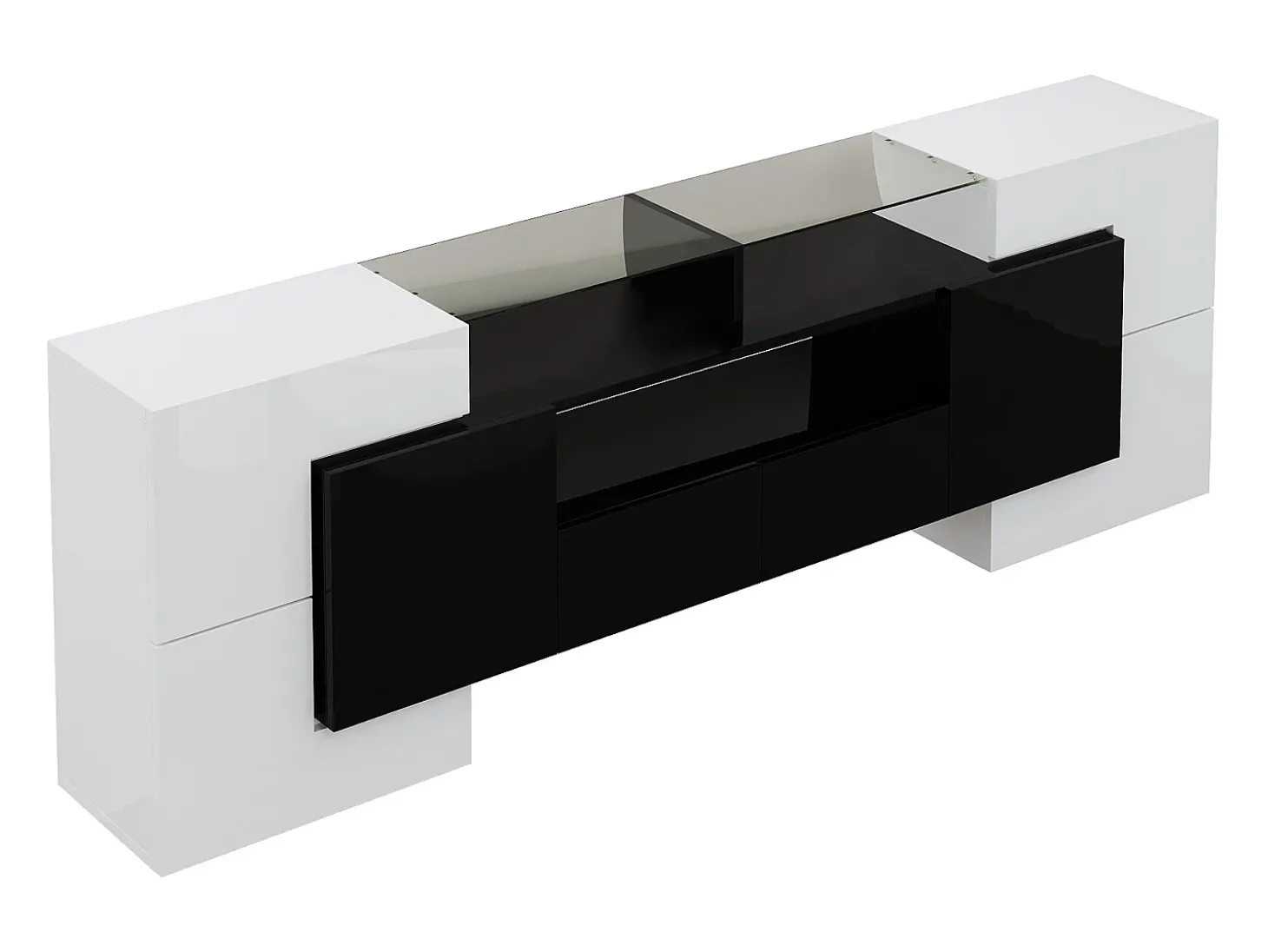 Móvel para TV com iluminação LED, 6 portas e 2 gavetas - Acabamento lacado a branco e preto