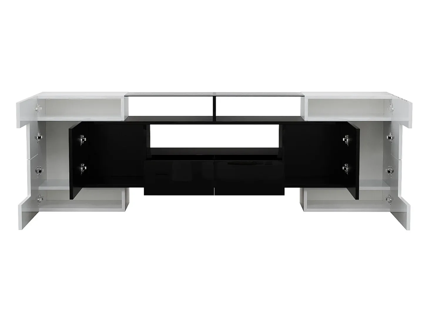 Móvel para TV com iluminação LED, 6 portas e 2 gavetas - Acabamento lacado a branco e preto