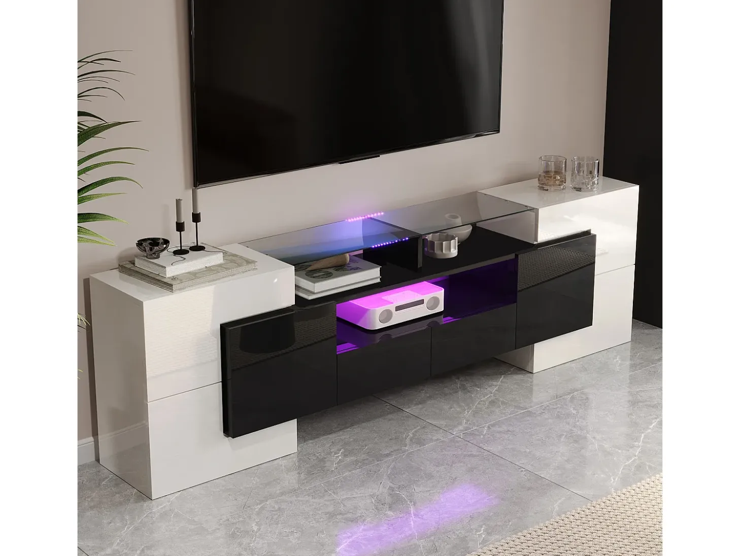 Móvel para TV com iluminação LED, 6 portas e 2 gavetas - Acabamento lacado a branco e preto