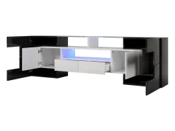 Móvel para TV com iluminação LED, 6 portas e 2 gavetas - Tampo em vidro - Acabamento brilhante em branco e preto