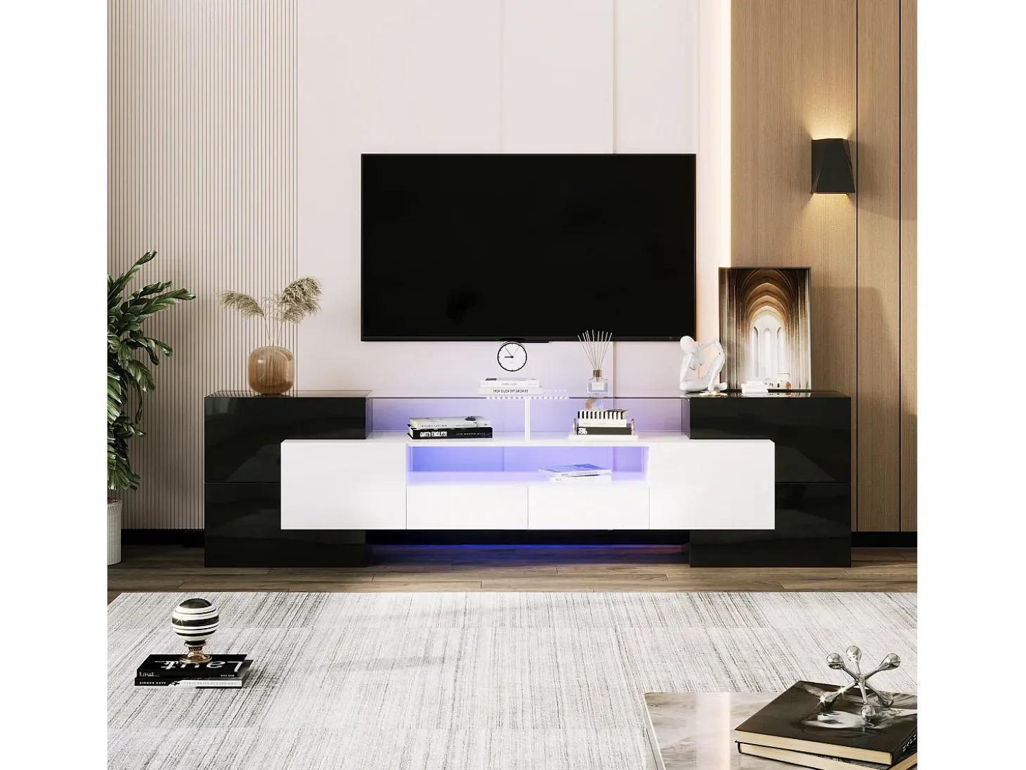 Móvel para TV com iluminação LED, 6 portas e 2 gavetas - Tampo em vidro - Acabamento brilhante em branco e preto