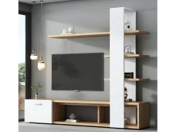 Móvel para TV com prateleiras - Cor branco e madeira