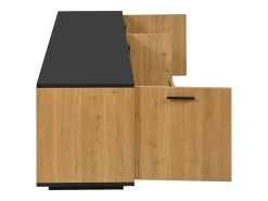 Móvel para TV com uma gaveta, três portas e iluminação LED - Tampo preto - Cor natural clara
