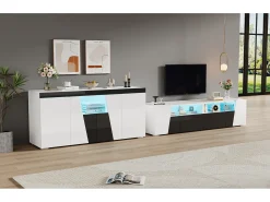 Móvel para TV combinado com aparador - móvel para TV laqueado de alto brilho + aparador baixo para sala de estar - com LEDs - aglomerado - branco