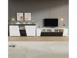 Móvel para TV combinado com aparador - móvel para TV laqueado de alto brilho + aparador baixo para sala de estar - com LEDs - aglomerado - branco