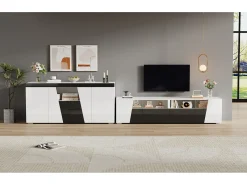 Móvel para TV combinado com aparador - móvel para TV laqueado de alto brilho + aparador baixo para sala de estar - com LEDs - aglomerado - branco