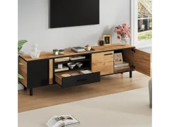 Móvel para TV de sala de estar - 180 x 32,5 x 50 cm - com 3 portas + 1 gaveta + prateleira - para TVs de 80 polegadas - aglomerado - preto + natural
