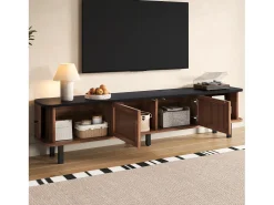 Móvel para TV de 190x35x45 cm com 2 portas de correr e 2 portas de ecrã - Cor: Madeira escura e preto