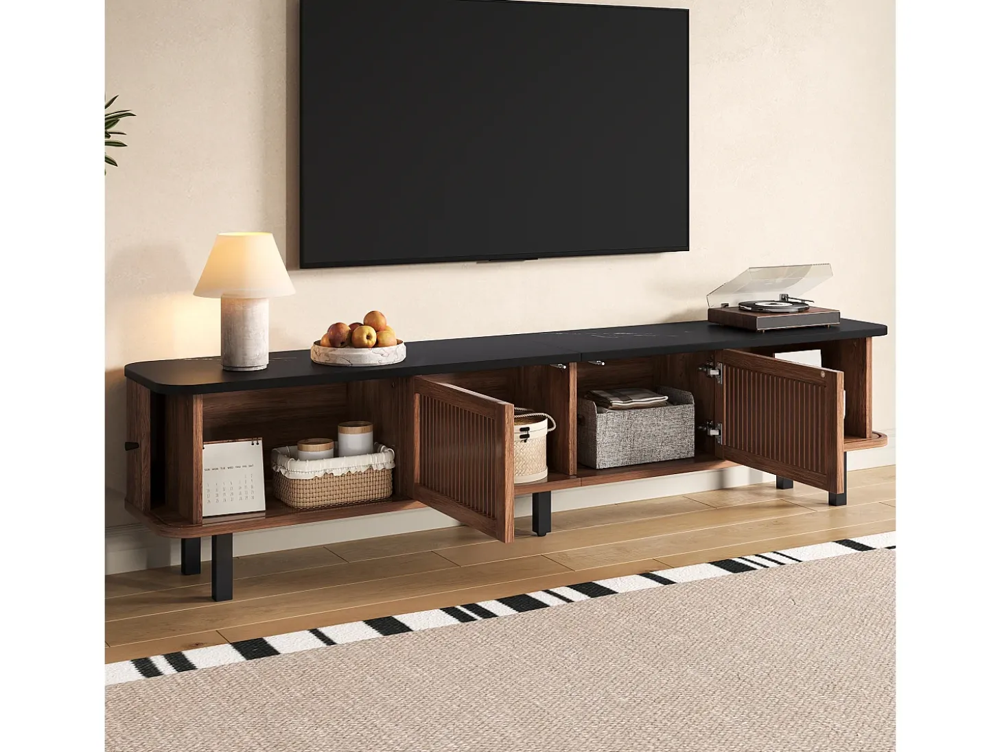 Móvel para TV de 190x35x45 cm com 2 portas de correr e 2 portas de ecrã - Cor: Madeira escura e preto