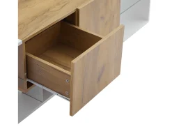 Móvel para TV de 160x40x42cm com 2 gavetas e 2 prateleiras em vidro, LED incluído, estrutura em madeira com detalhes em branco.