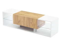 Móvel para TV de 160x40x42cm com 2 gavetas e 2 prateleiras em vidro, LED incluído, estrutura em madeira com detalhes em branco.