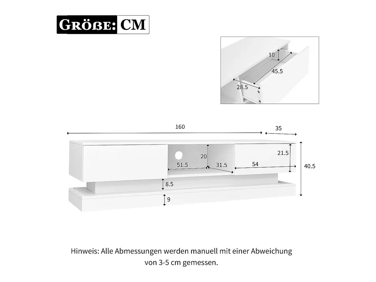 Móvel para TV em lacado branco brilhante com iluminação LED e 2 gavetas, 160 x 35 x 40,5 cm