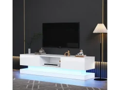 Móvel para TV em lacado branco brilhante com iluminação LED e 2 gavetas, 160 x 35 x 40,5 cm