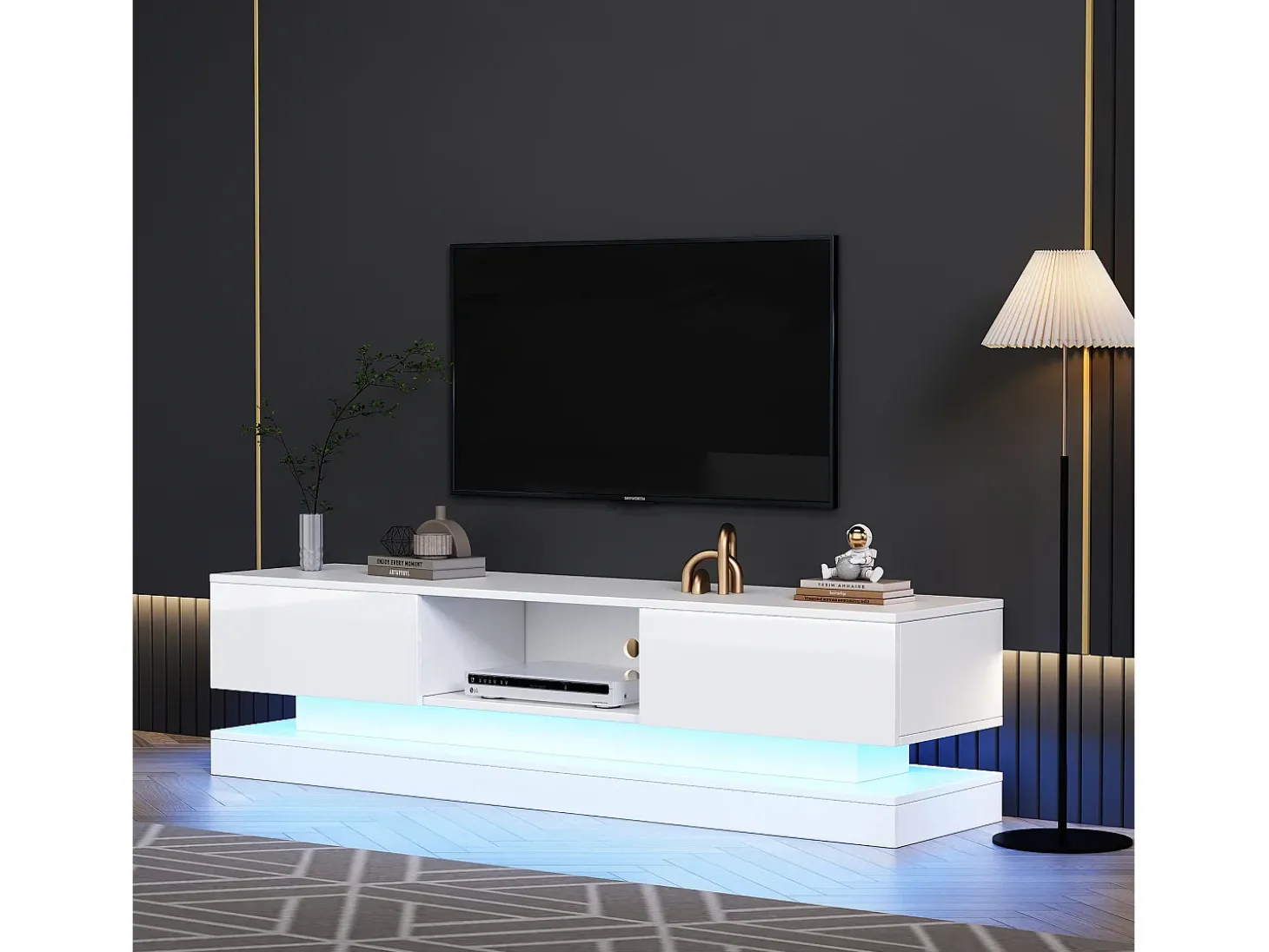 Móvel para TV em lacado branco brilhante com iluminação LED e 2 gavetas, 160 x 35 x 40,5 cm