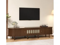 Móvel para TV em nogueira escura - 180 x 40 x 40 cm - design em rattan - com 3 portas - MDF - castanho