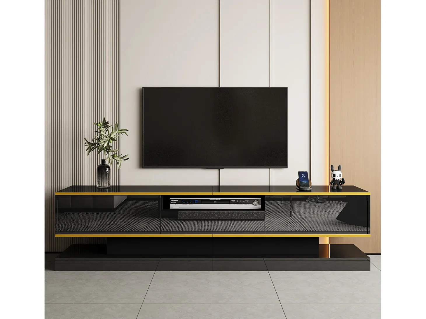 Móvel para TV moderno 180×38×45 cm - com três gavetas - com um compartimento aberto - com iluminação LED - preto