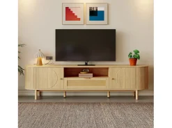 Móvel para TV moderno 175×36×51 cm - com 2 portas e 1 gaveta de vime - prateleiras abertas - natural