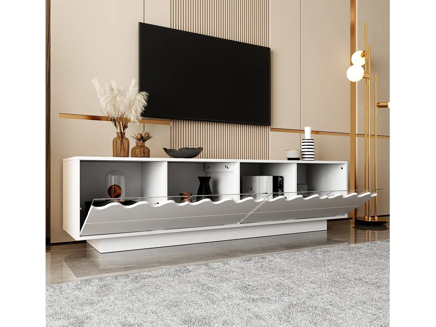 Móvel para TV moderno 170x40x45cm - com 4 portas - design ondulado - MDF + painéis de partículas - Branco