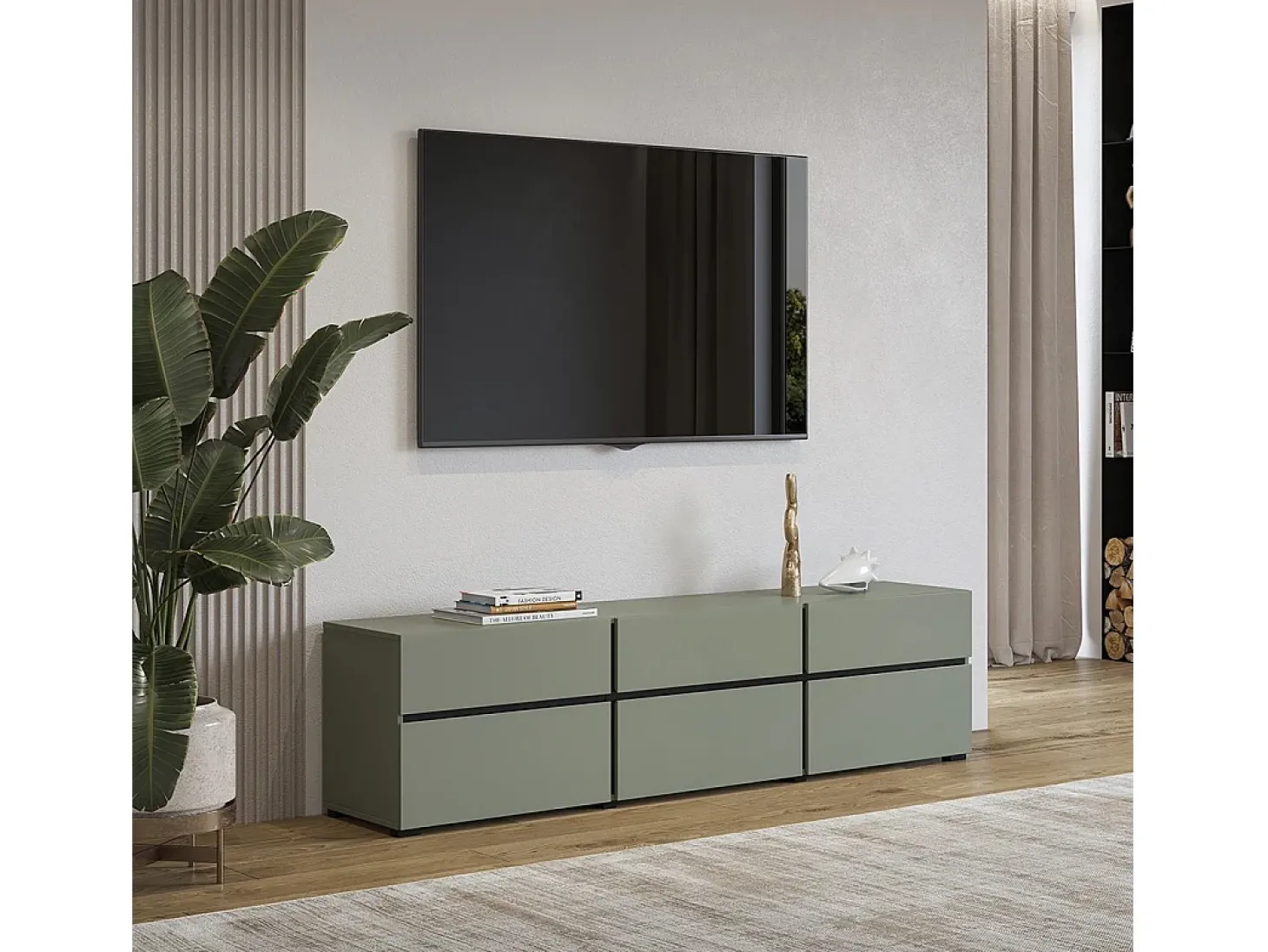 Móvel para TV na cor verde sálvia 180cm coleção HAVANA. Móvel design com 3 portas e 3 gavetas.