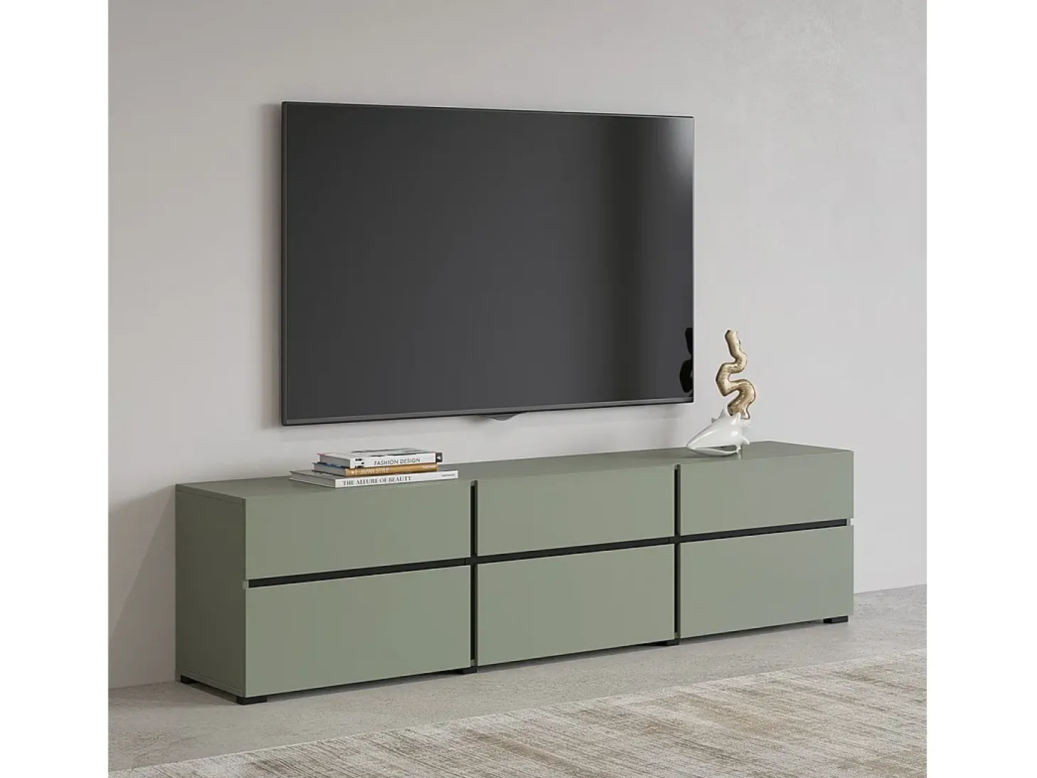Móvel para TV na cor verde sálvia 180cm coleção HAVANA. Móvel design com 3 portas e 3 gavetas.