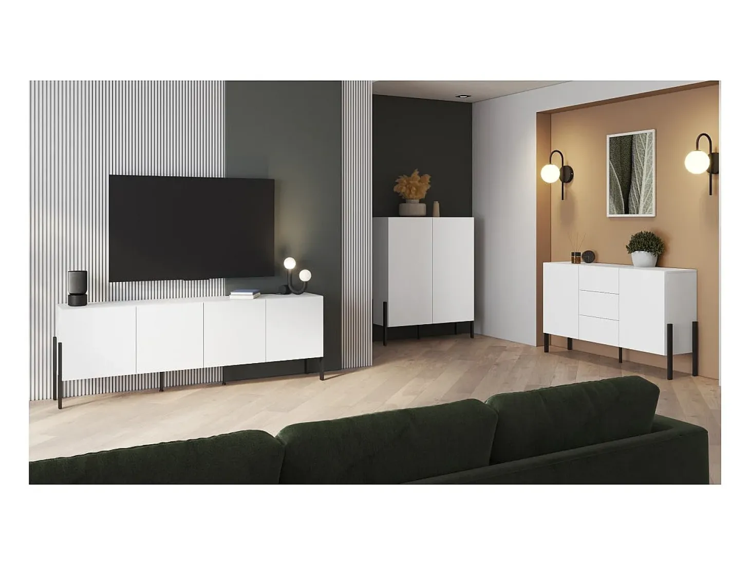 Móvel para TV SALMA – 2 portas & 2 gavetas Push-to-Open – Branco super mate & preto Mate