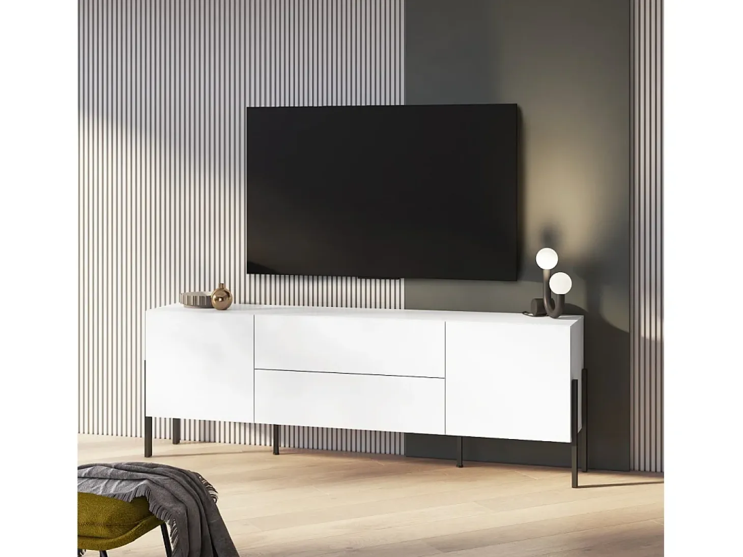 Móvel para TV SALMA – 2 portas & 2 gavetas Push-to-Open – Branco super mate & preto Mate