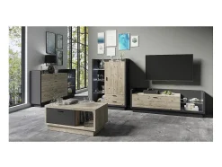 Móvel para TV XL 220cm com LED integrado. Coleção CORK. Cores cinza antracite e pinho.