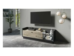 Móvel para TV XL 220cm com LED integrado. Coleção CORK. Cores cinza antracite e pinho.