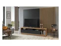 Móvel para TV XL com painel de parede decorativo XL coleção CLARA. Cor carvalho e preto fosco.