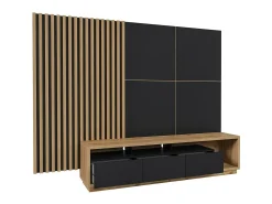 Móvel para TV XL com painel de parede decorativo XL coleção CLARA. Cor carvalho e preto fosco.
