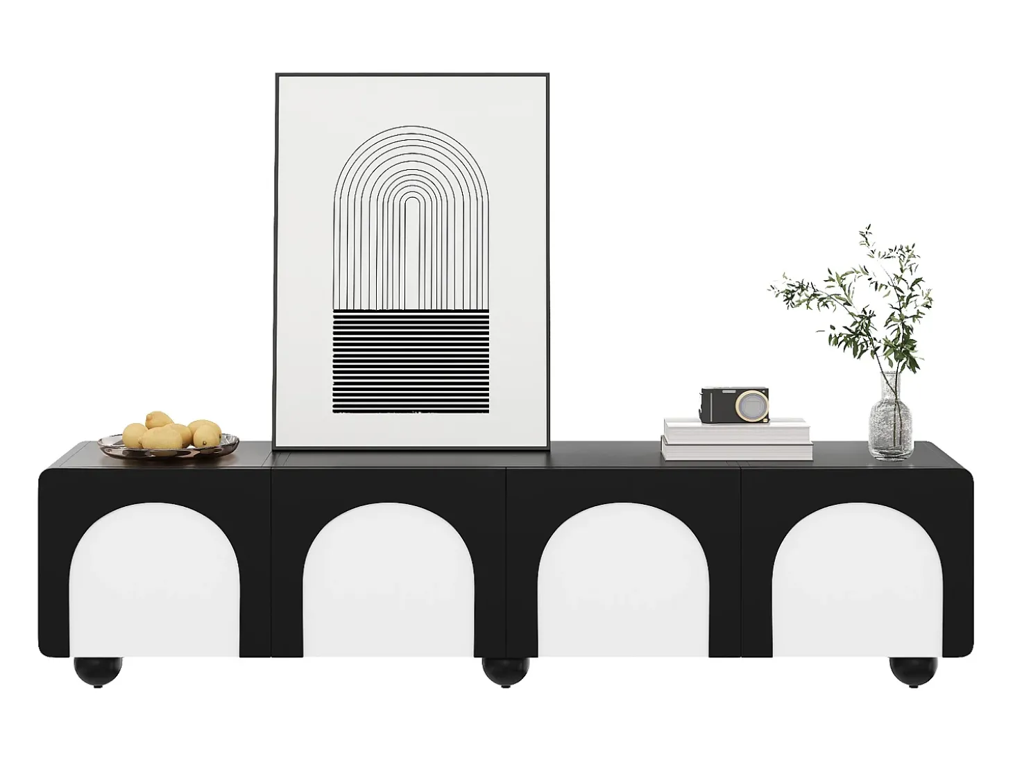 Móvel para TV 180x38x45 cm - 2 gavetas e 2 portas - Design bicor - Pés redondos - MDF + painéis de partículas - Preto e branco