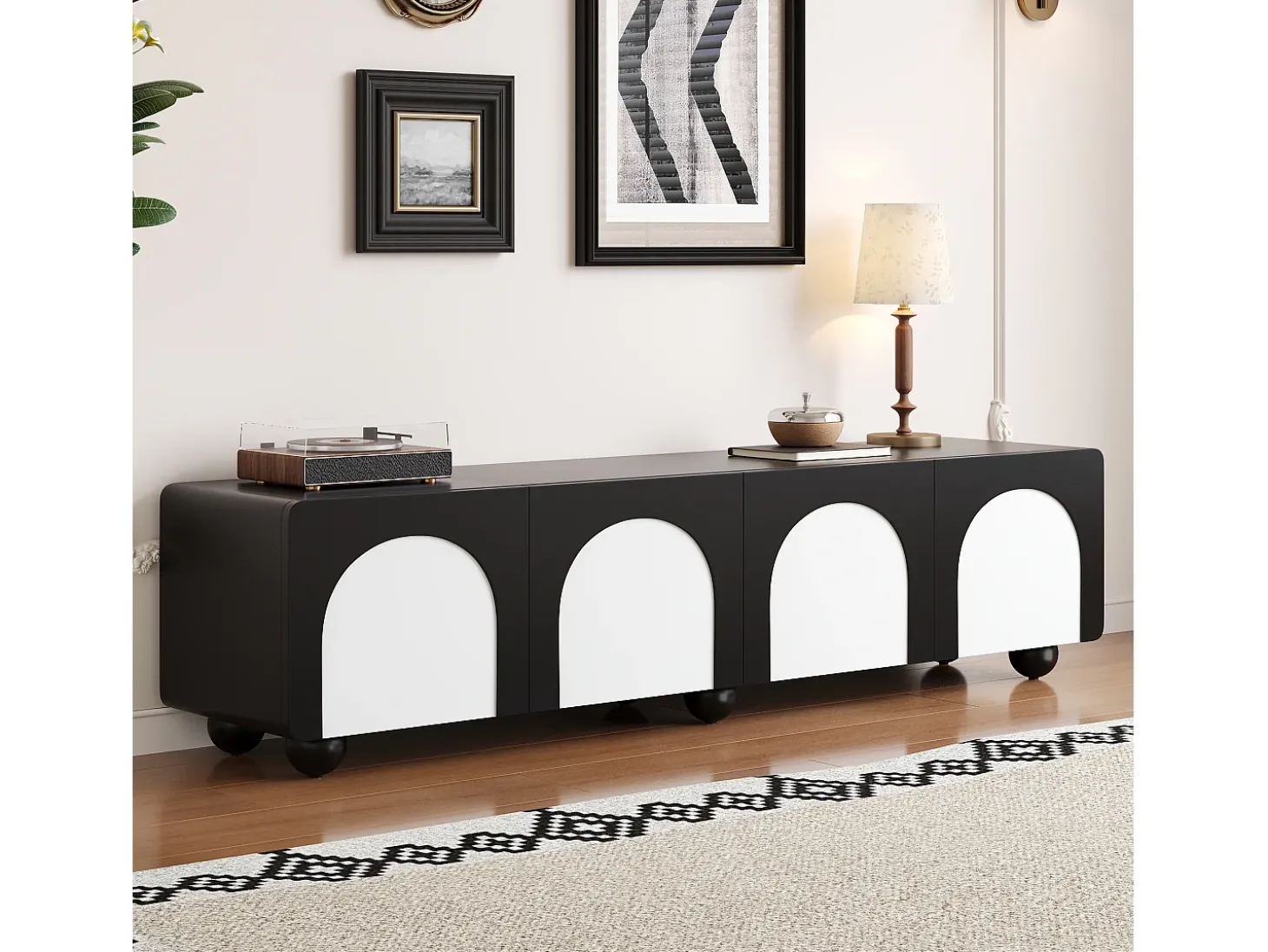 Móvel para TV 180x38x45 cm - 2 gavetas e 2 portas - Design bicor - Pés redondos - MDF + painéis de partículas - Preto e branco