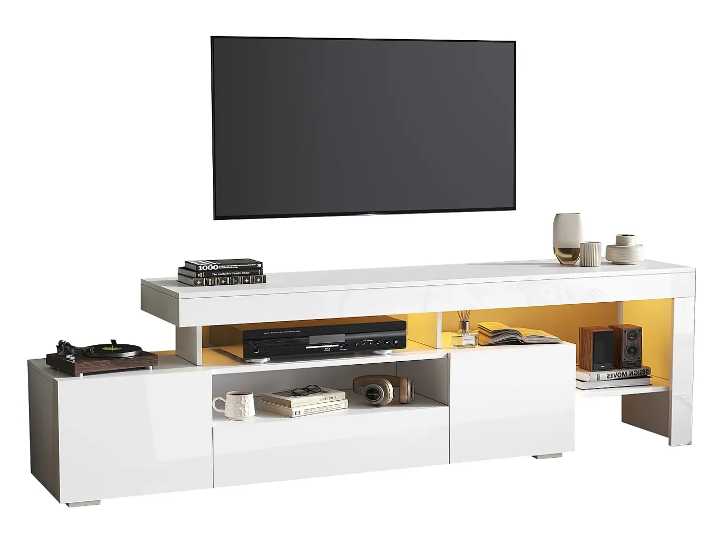 Móvel para TV 192x37x53 cm - 3 portas basculantes - com LED - Armazenamento semiaberto - Acabamento brilhante - Branco