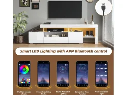 Móvel para TV 192x37x53 cm - 3 portas basculantes - com LED - Armazenamento semiaberto - Acabamento brilhante - Branco