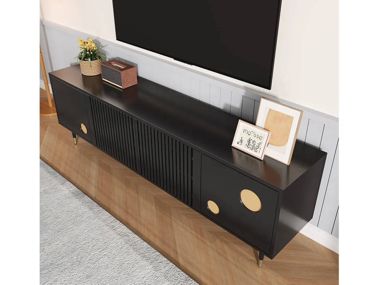 Móvel para TV 170x36x54 cm - 4 portas - puxadores ocultos - pés ajustáveis - MDF - preto