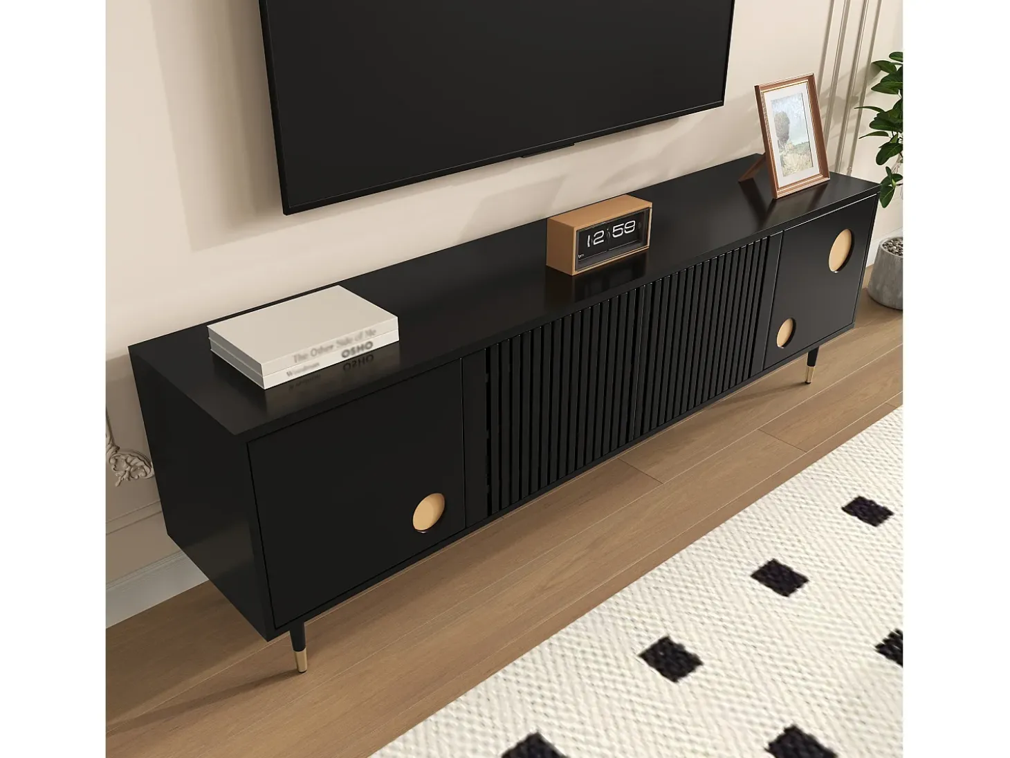 Móvel para TV 170x36x54 cm - 4 portas - puxadores ocultos - pés ajustáveis - MDF - preto