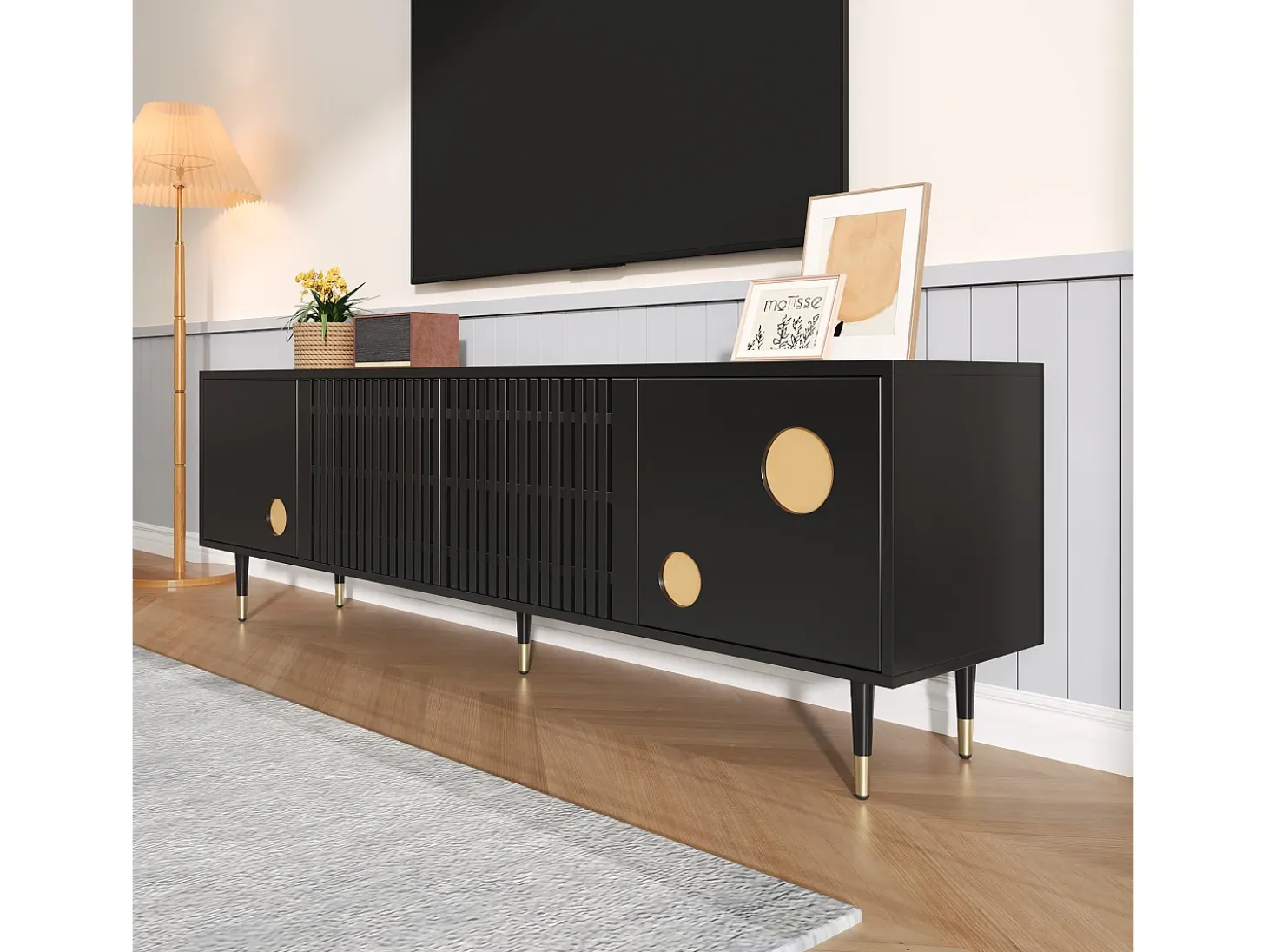 Móvel para TV 170x36x54 cm - 4 portas - puxadores ocultos - pés ajustáveis - MDF - preto