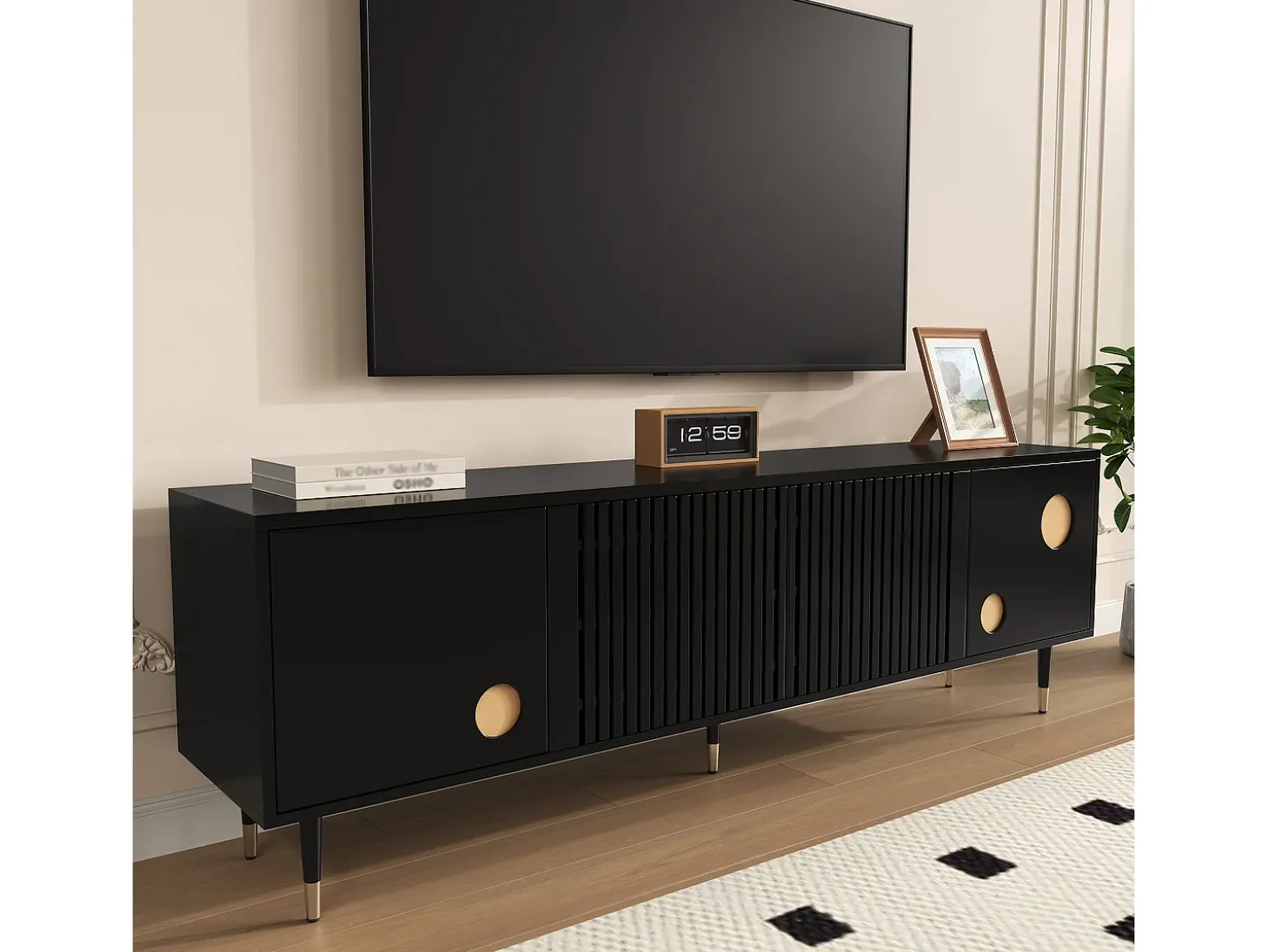 Móvel para TV 170x36x54 cm - 4 portas - puxadores ocultos - pés ajustáveis - MDF - preto