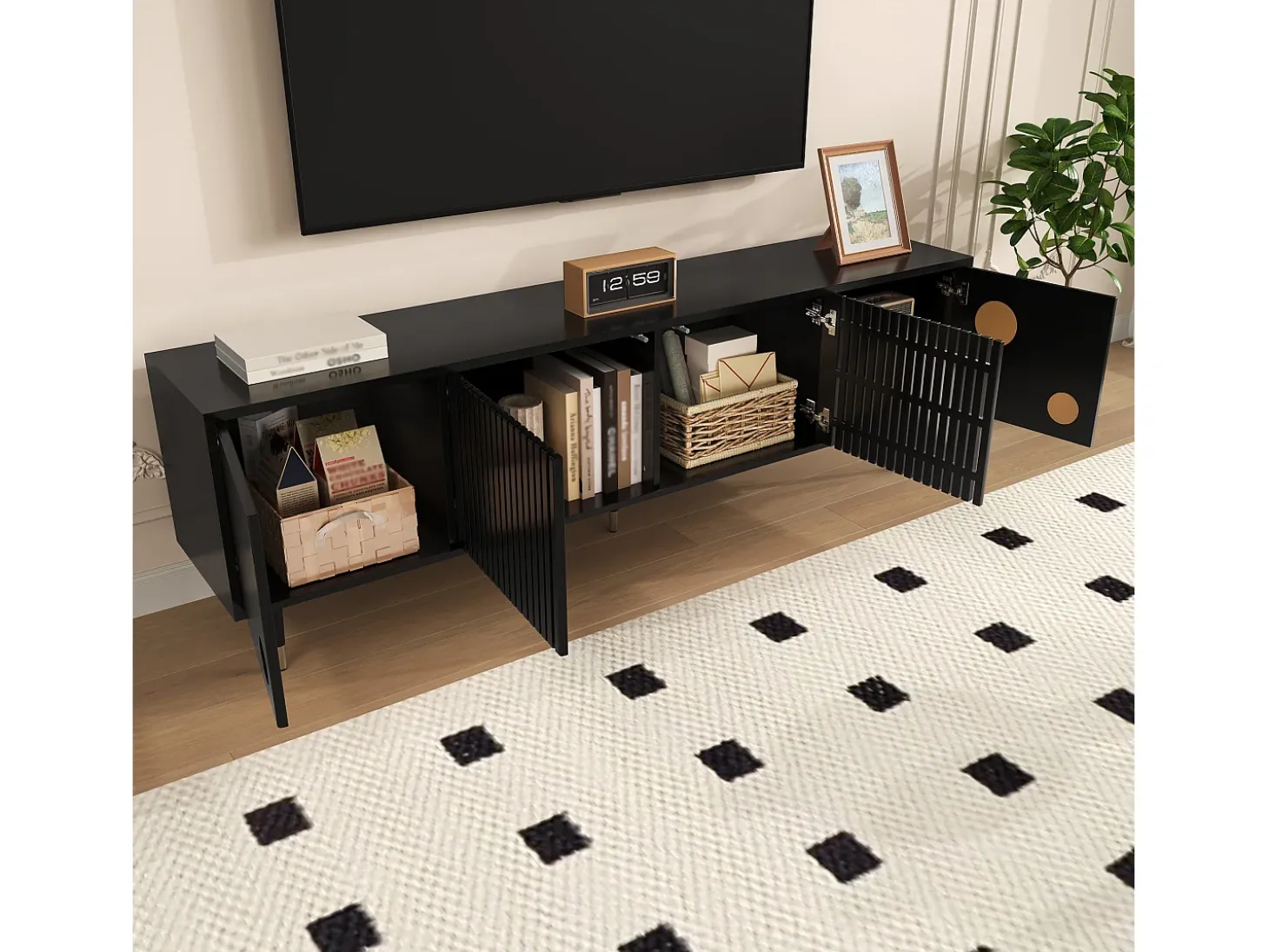Móvel para TV 170x36x54 cm - 4 portas - puxadores ocultos - pés ajustáveis - MDF - preto