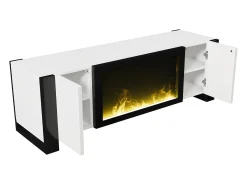 Móvel para TV 165x32x55 cm - 2 portas - Com lareira elétrica efeito chama - Sem aquecimento - Branco + Preto