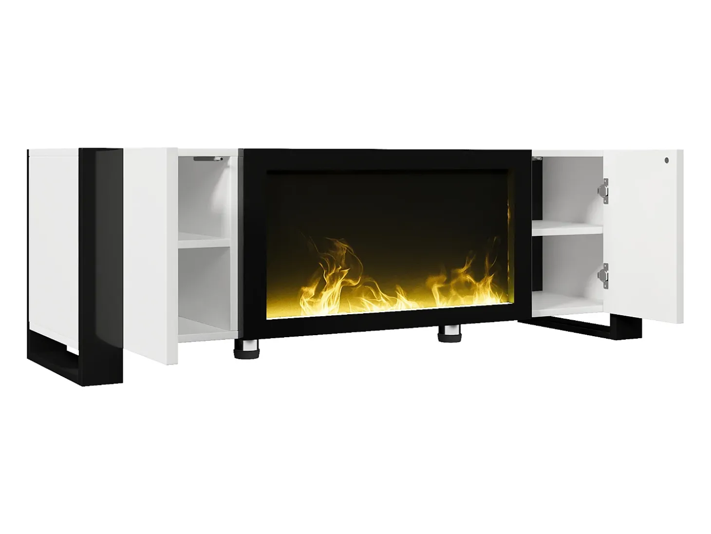 Móvel para TV 165x32x55 cm - 2 portas - Com lareira elétrica efeito chama - Sem aquecimento - Branco + Preto