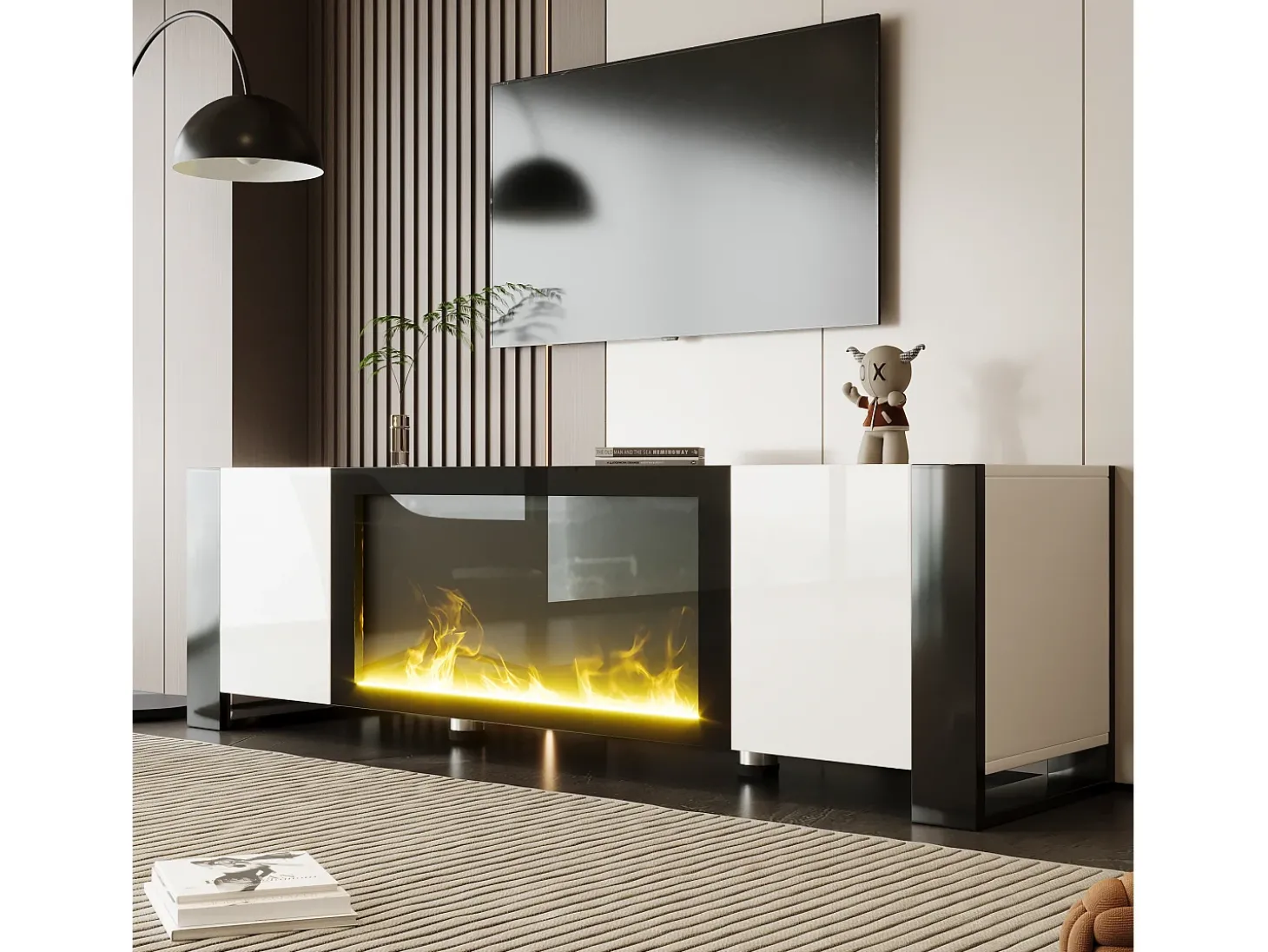 Móvel para TV 165x32x55 cm - 2 portas - Com lareira elétrica efeito chama - Sem aquecimento - Branco + Preto