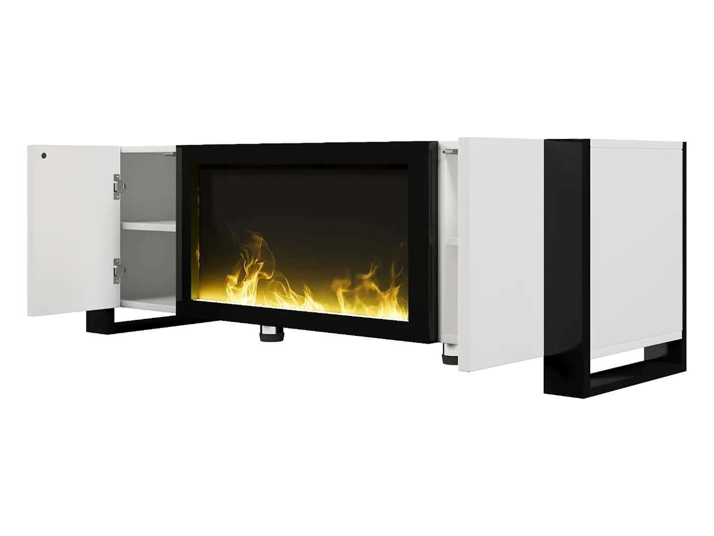 Móvel para TV 165x32x55 cm - 2 portas - Com lareira elétrica efeito chama - Sem aquecimento - Branco + Preto